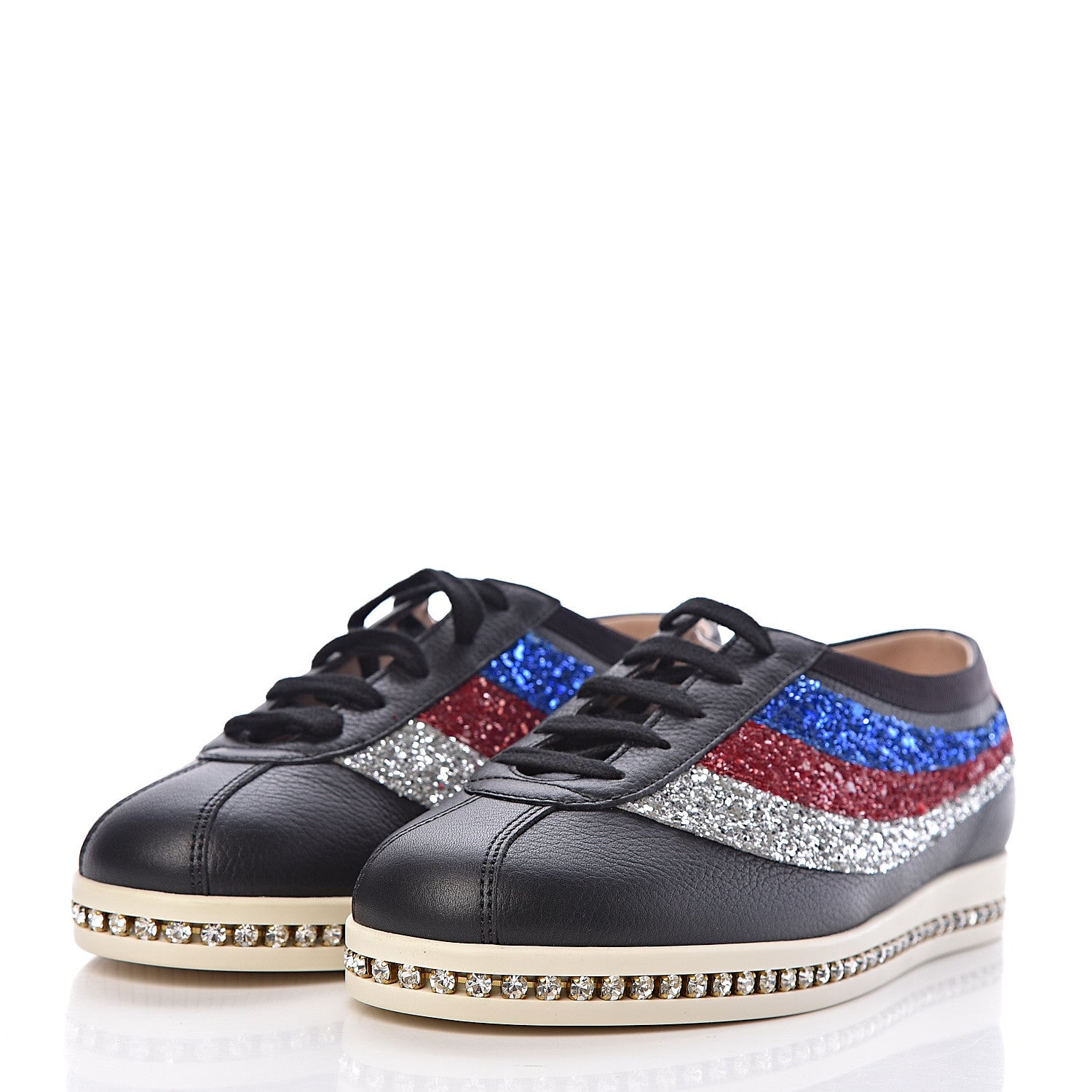 Gucci Calfskin Glitter Crystal Womens Sylvie Web Falacer Sneakers 36 Black 3 of 10