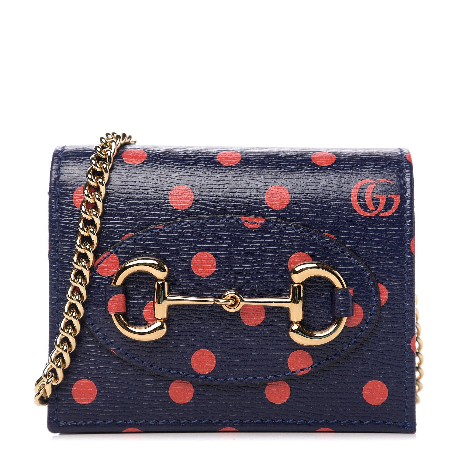 Gucci Shangai Calfskin Polka Dot Horsebit 1955 Chain Card Case Wallet Blue Orange Sailor Blue 1 of 8
