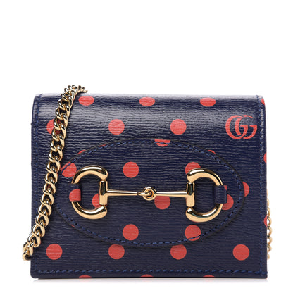 Gucci Shangai Calfskin Polka Dot Horsebit 1955 Chain Card Case Wallet Blue Orange Sailor Blue 1 of 8