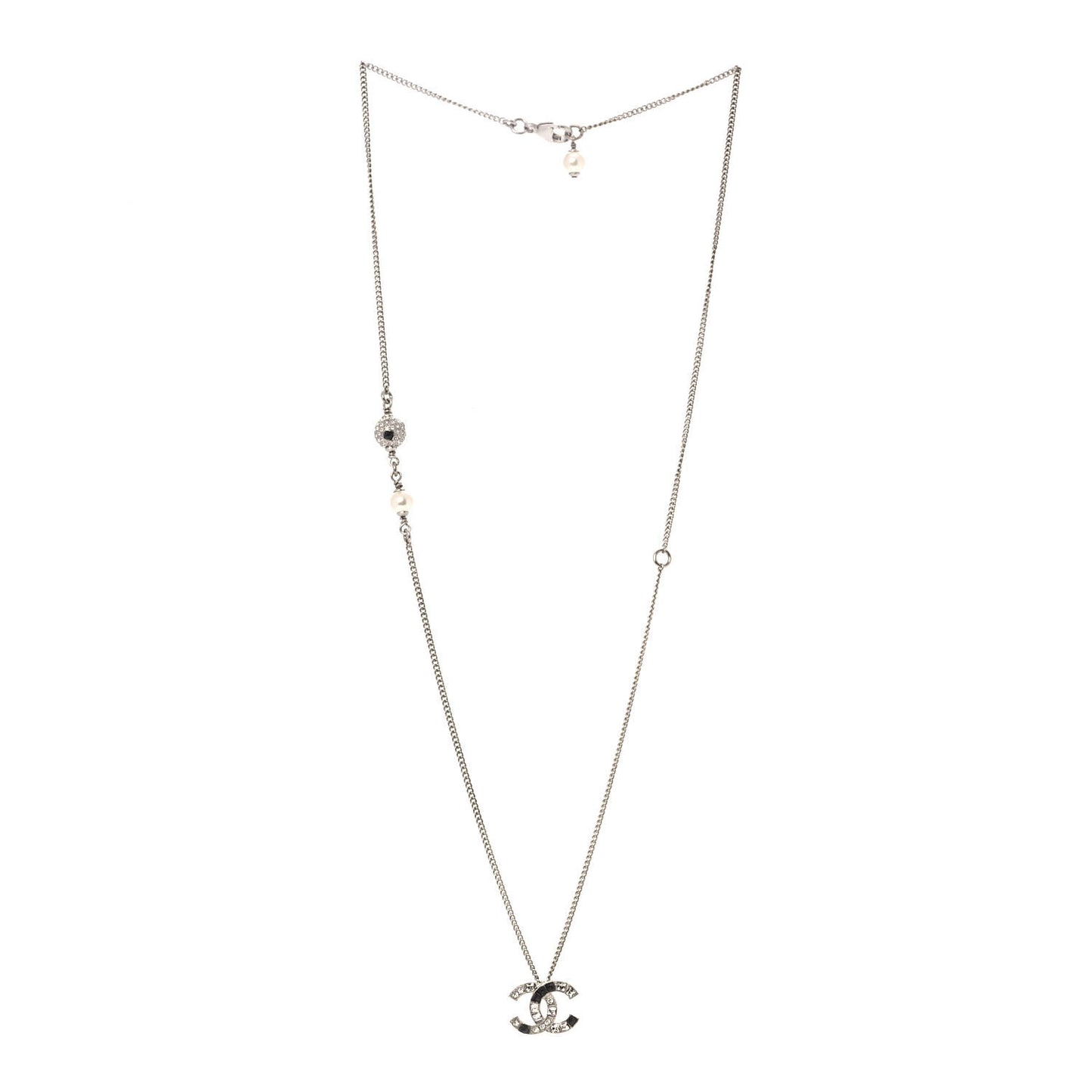 Baguette Crystal Pearl CC Necklace Silver Black