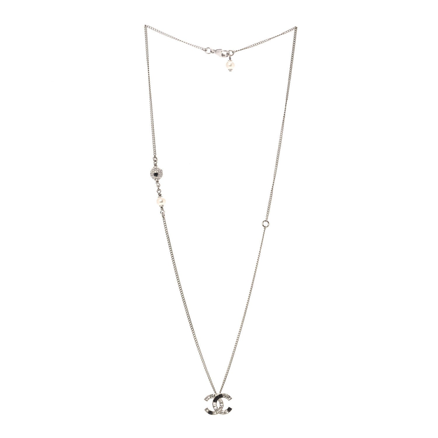 Chanel Baguette Crystal Pearl CC Necklace Silver Black 3 of 6