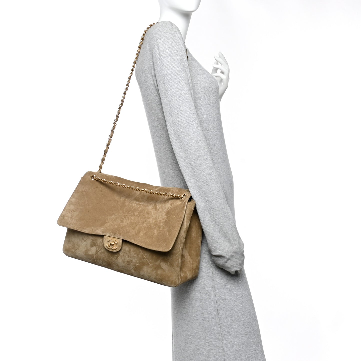 Suede Calfskin Souplissimo Maxi Flap Dark Beige