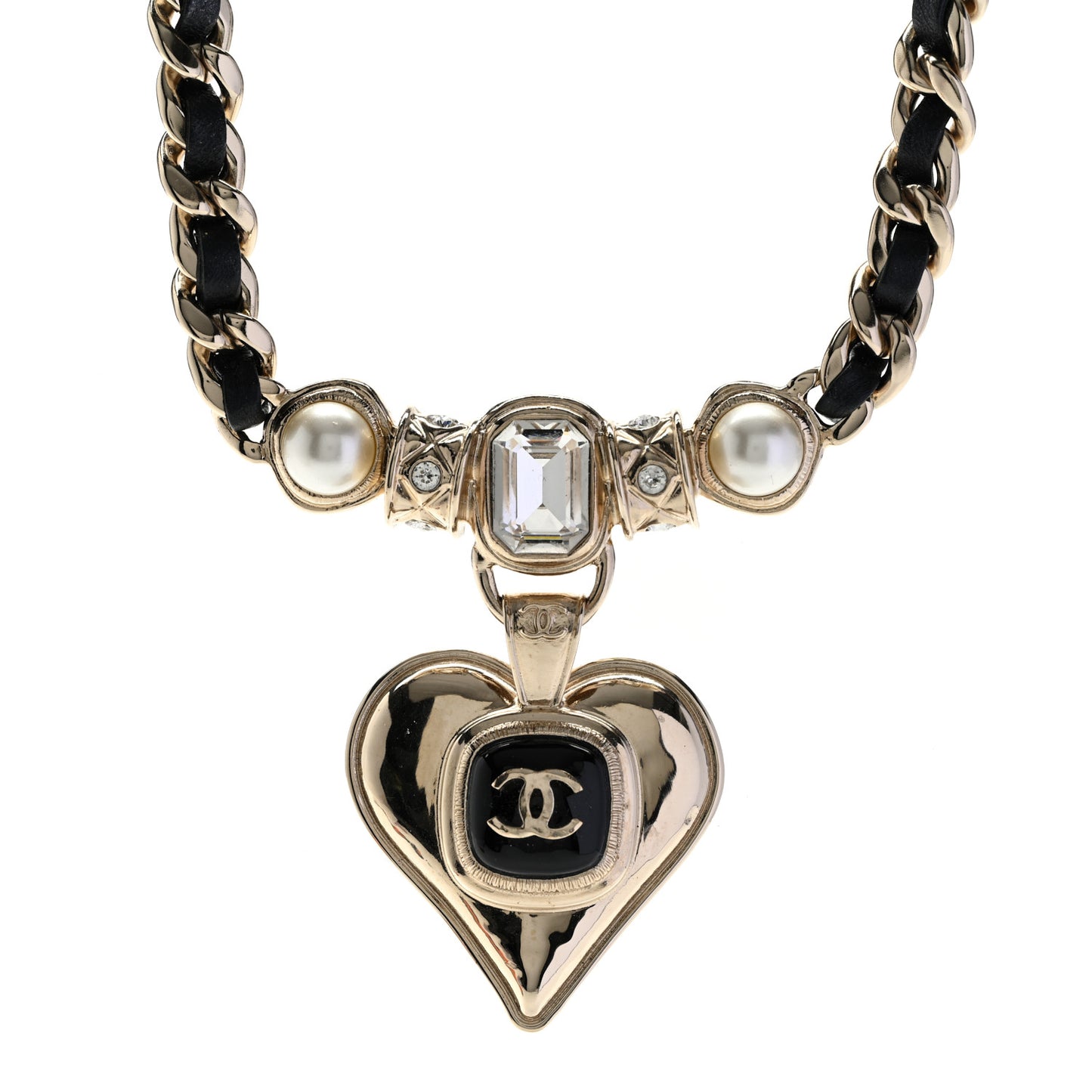 Lambskin Crystal Pearl CC Heart Choker Gold Black