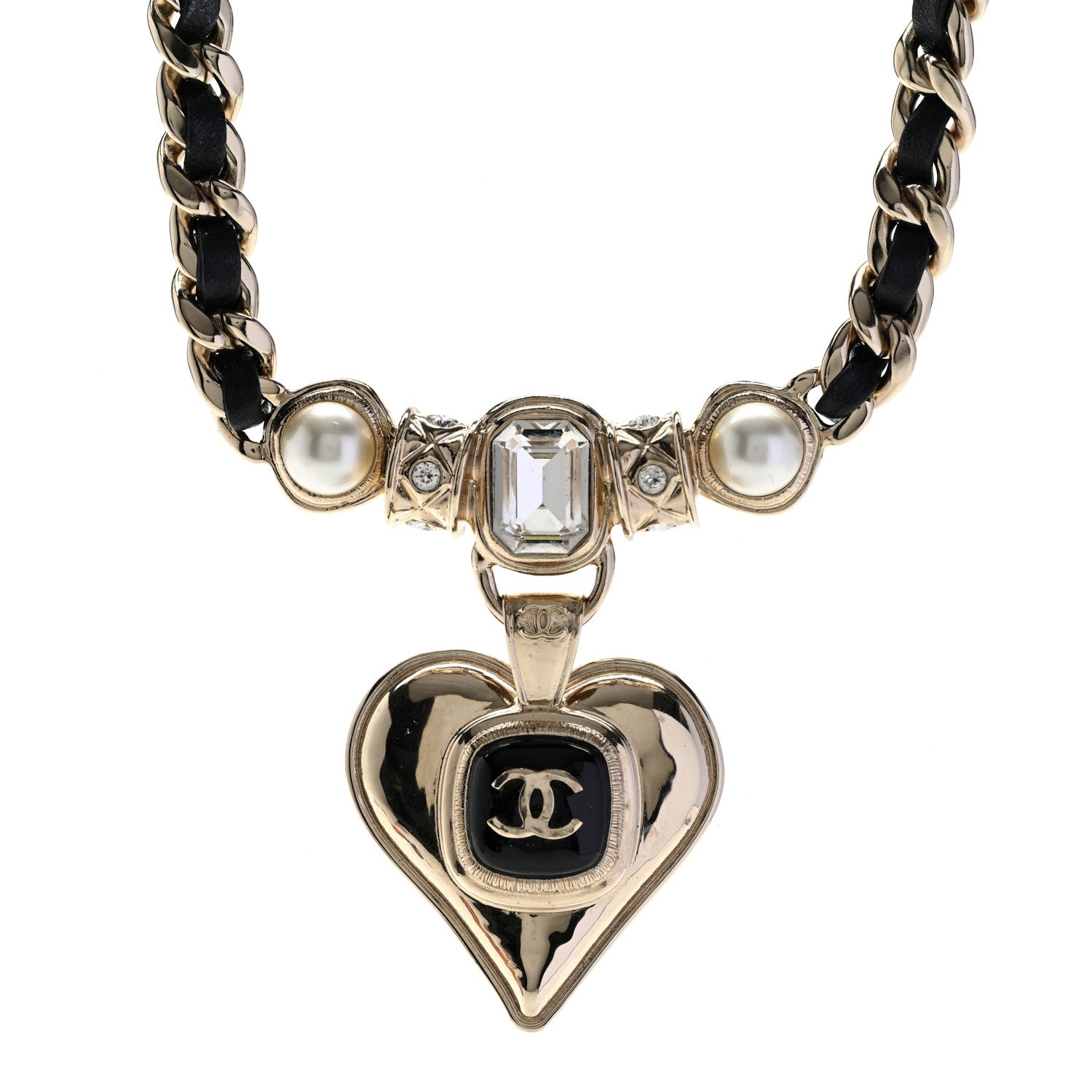 Chanel Lambskin Crystal Pearl CC Heart Choker Gold Black 1 of 5