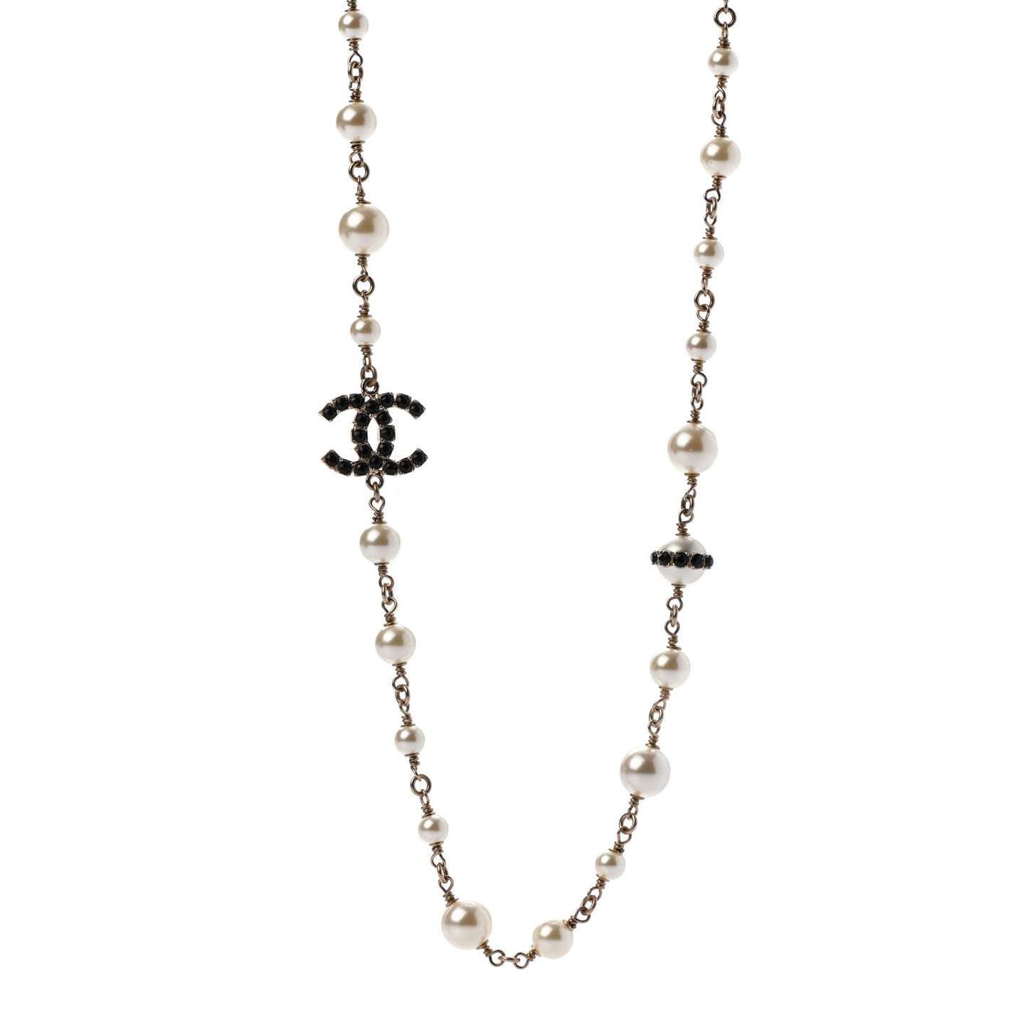 Pearl Crystal CC Long Necklace Black Gold