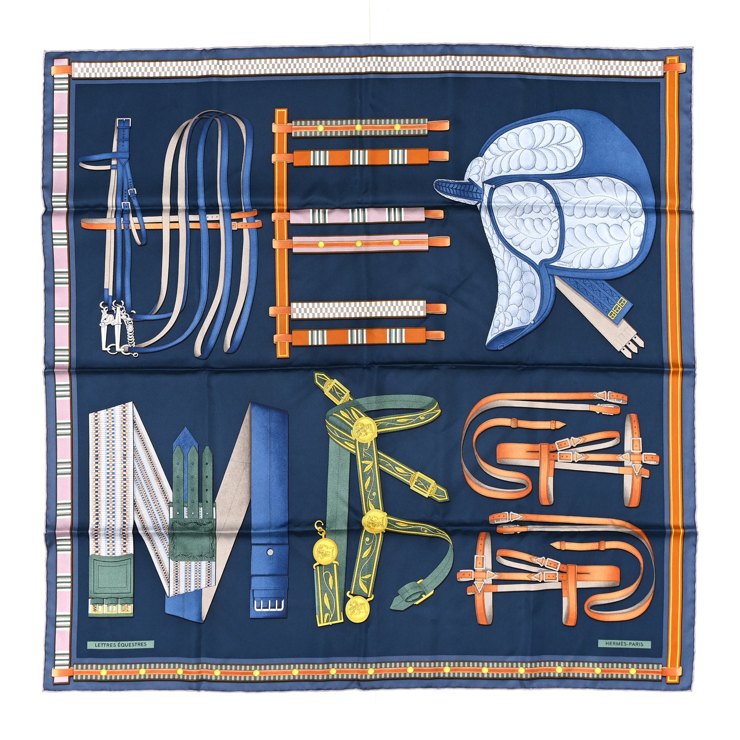 Silk Lettres Equestre Scarf 90 Bleu Ardoise Vert