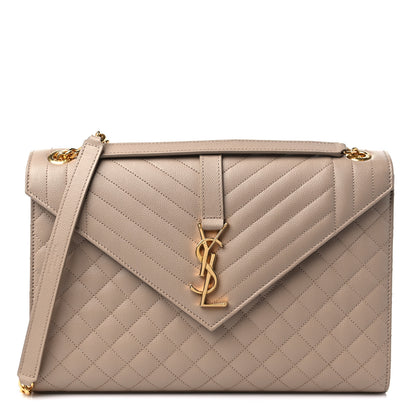 Saint Laurent Grain De Poudre Mixed Matelasse Large Triquilt Monogram Satchel Dark Beige 1 of 10