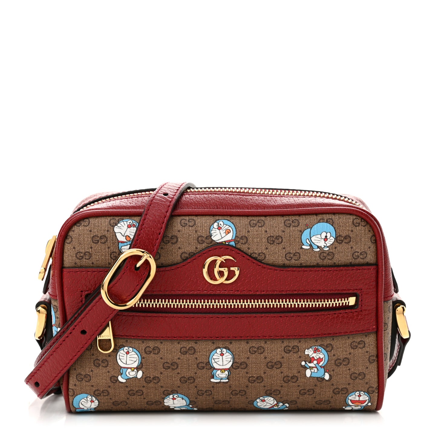 X DORAEMON Mini Vintage GG Supreme Monogram Camera Bag Beige Cherry Red