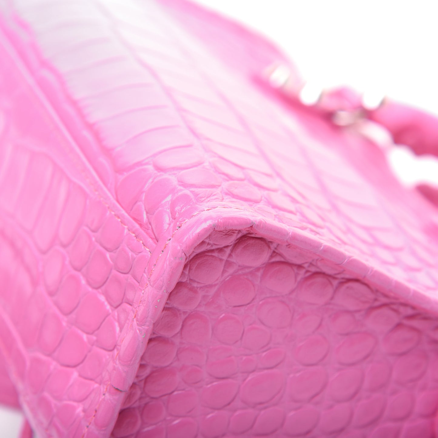 Shiny Supple Calfskin Crocodile Embossed Classic Silver Hardware Mini City Baby Pink