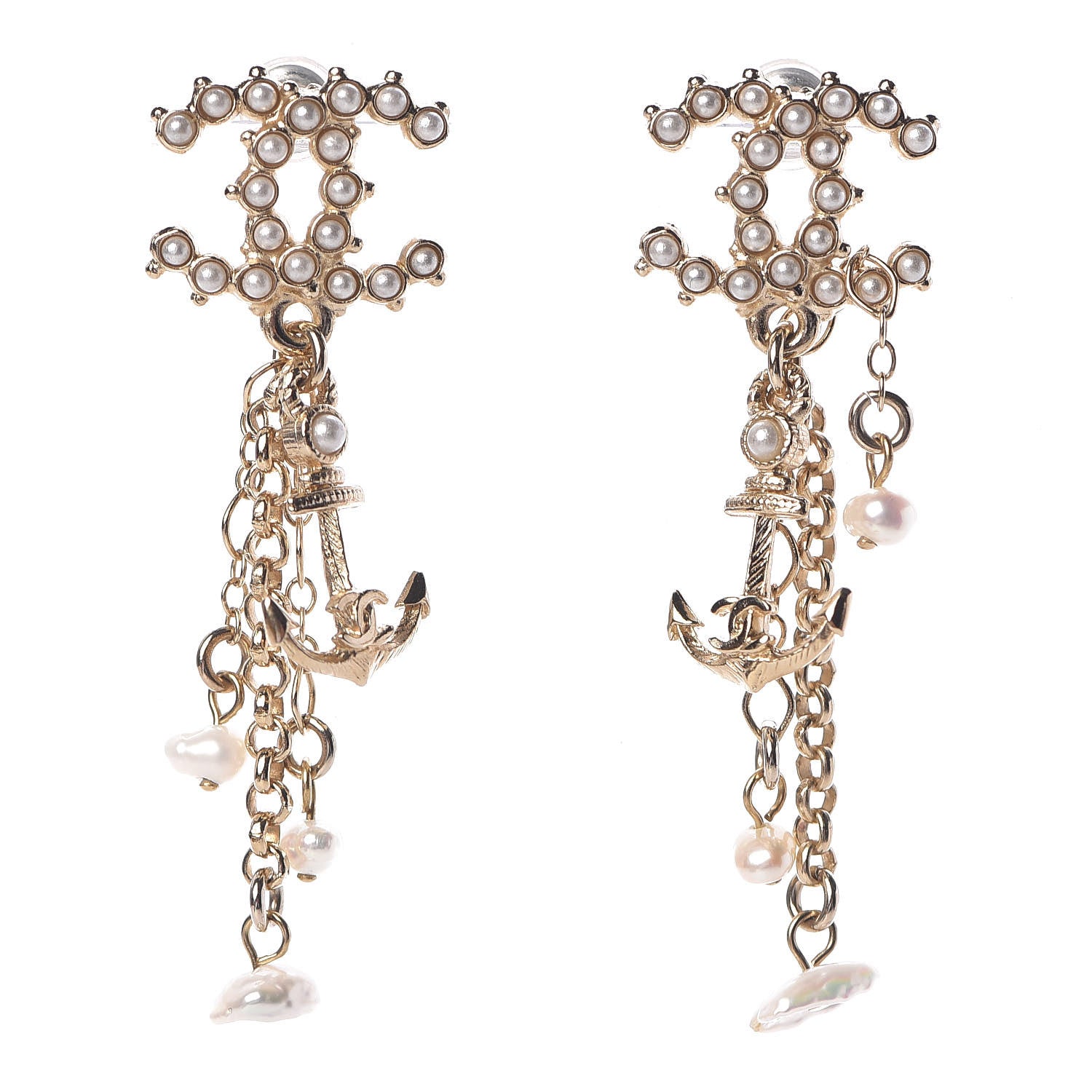 Chanel Pearl Chain CC Anchor Drop Earrings Pearly White Gold 1 of 5