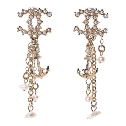 Chanel Pearl Chain CC Anchor Drop Earrings Pearly White Gold 1 of 5