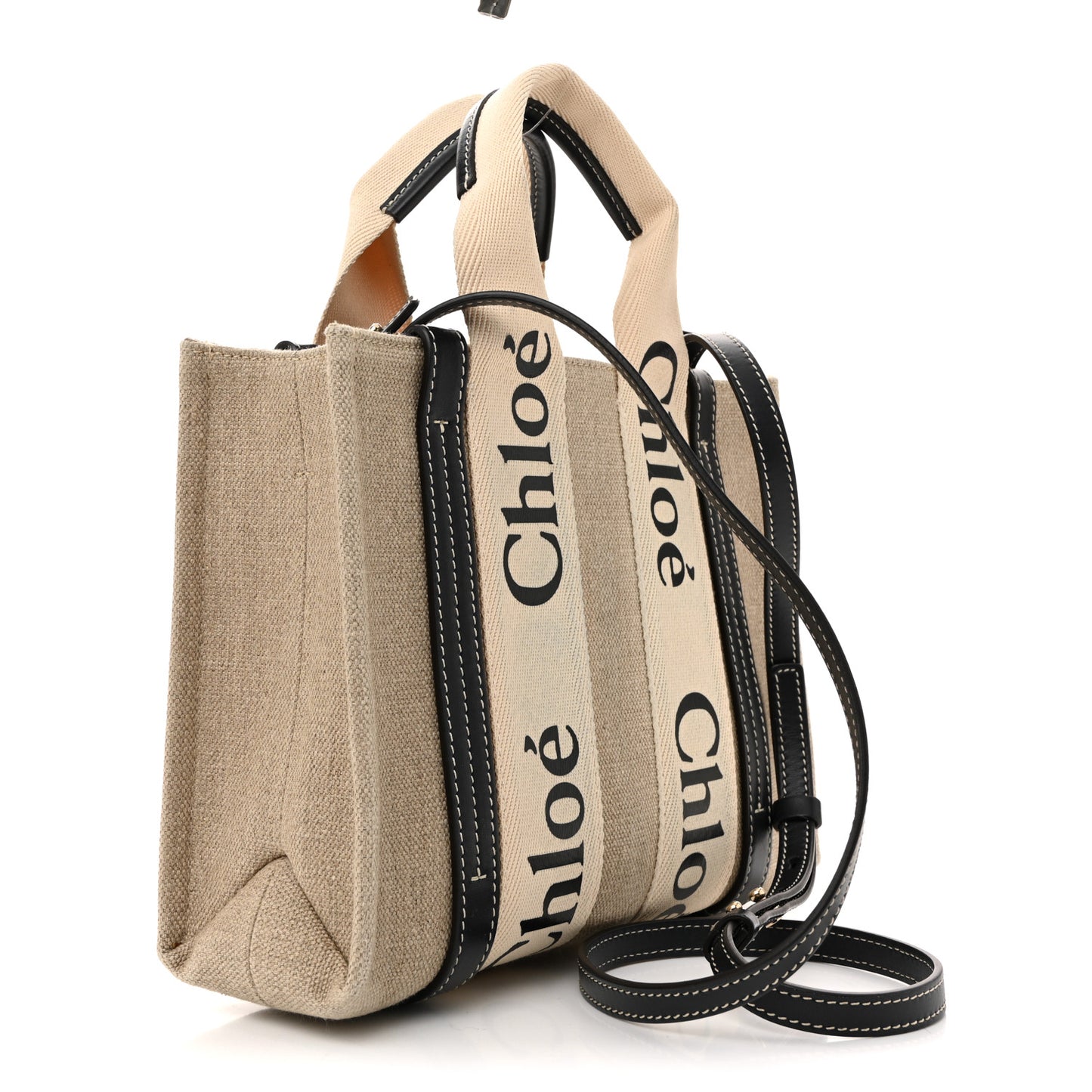 Linen Calfskin Small Woody Ribbon Tote White Black