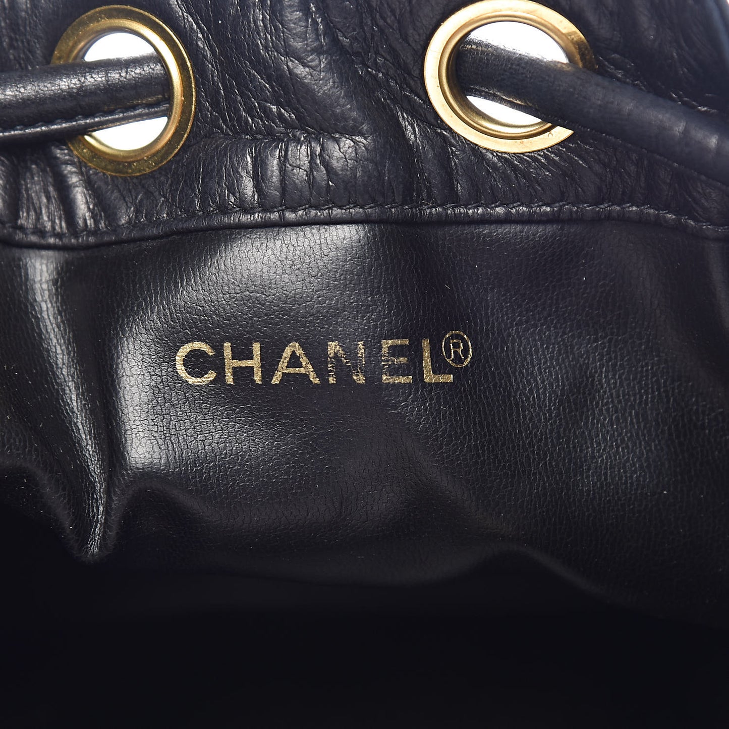Lambskin CC Stitched Drawstring Bucket Bag Black