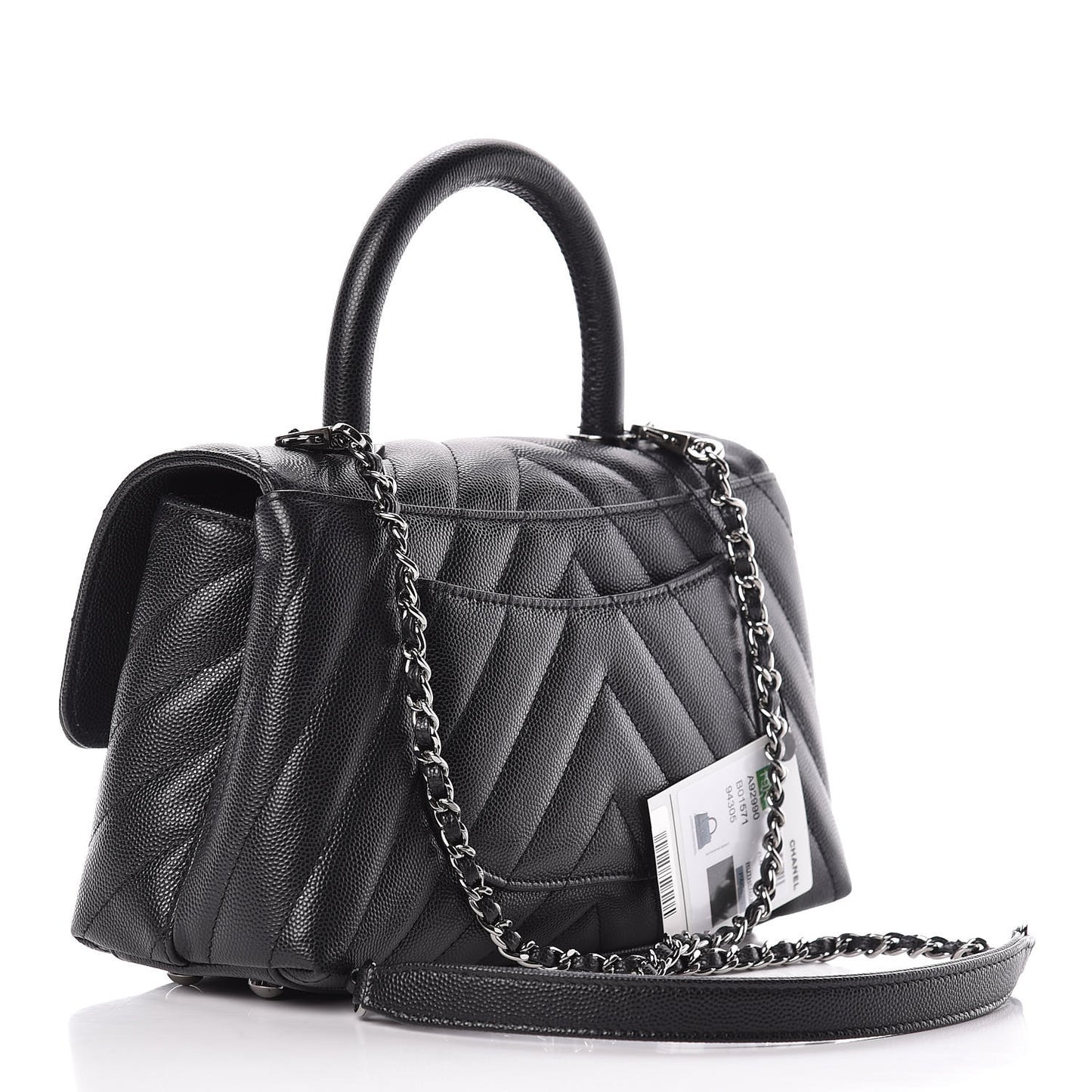 Caviar Chevron Quilted Mini Coco Handle Flap Black