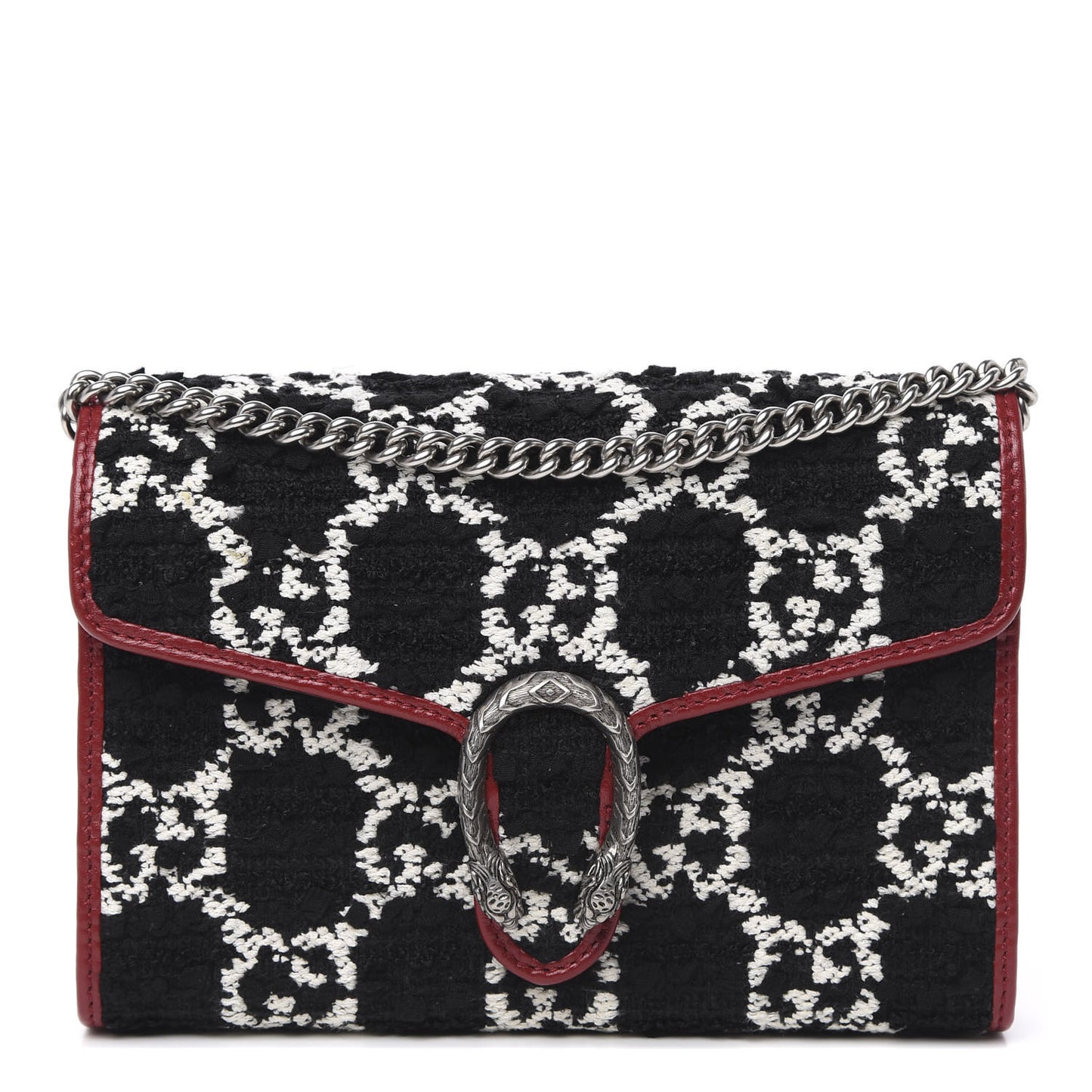 Tweed GG Monogram Mini Dionysus Chain Wallet Black White Romantic Cherry