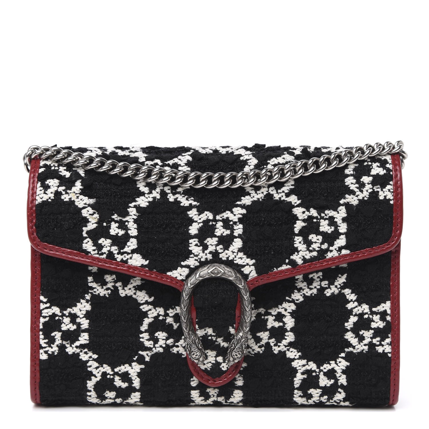 Gucci Tweed GG Monogram Mini Dionysus Chain Wallet Black White Romantic Cherry 1 of 10