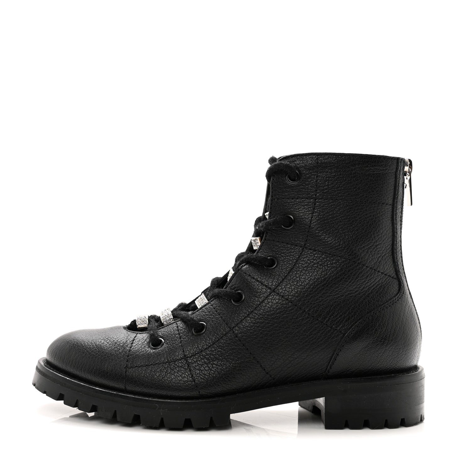Grainy Calfskin Crystal Bren Flat Ankle Booties 36.5 Black