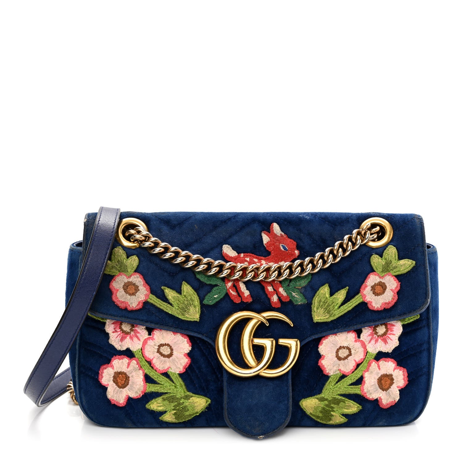 Gucci Velvet Matelasse Deer Embroidered Small GG Marmont Shoulder Bag Cobalt 1 of 12