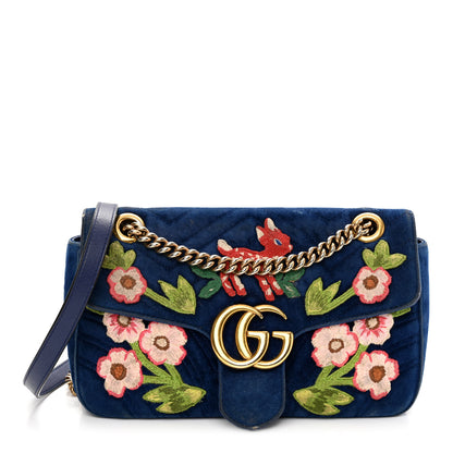 Gucci Velvet Matelasse Deer Embroidered Small GG Marmont Shoulder Bag Cobalt 1 of 12