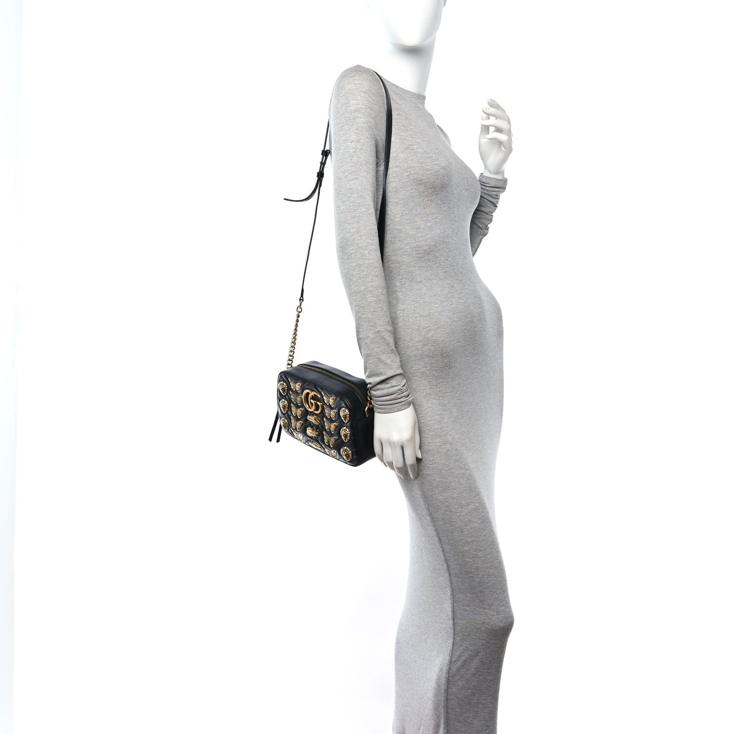 Calfskin Matelasse Animal Studs Small GG Marmont Chain Shoulder Bag Black