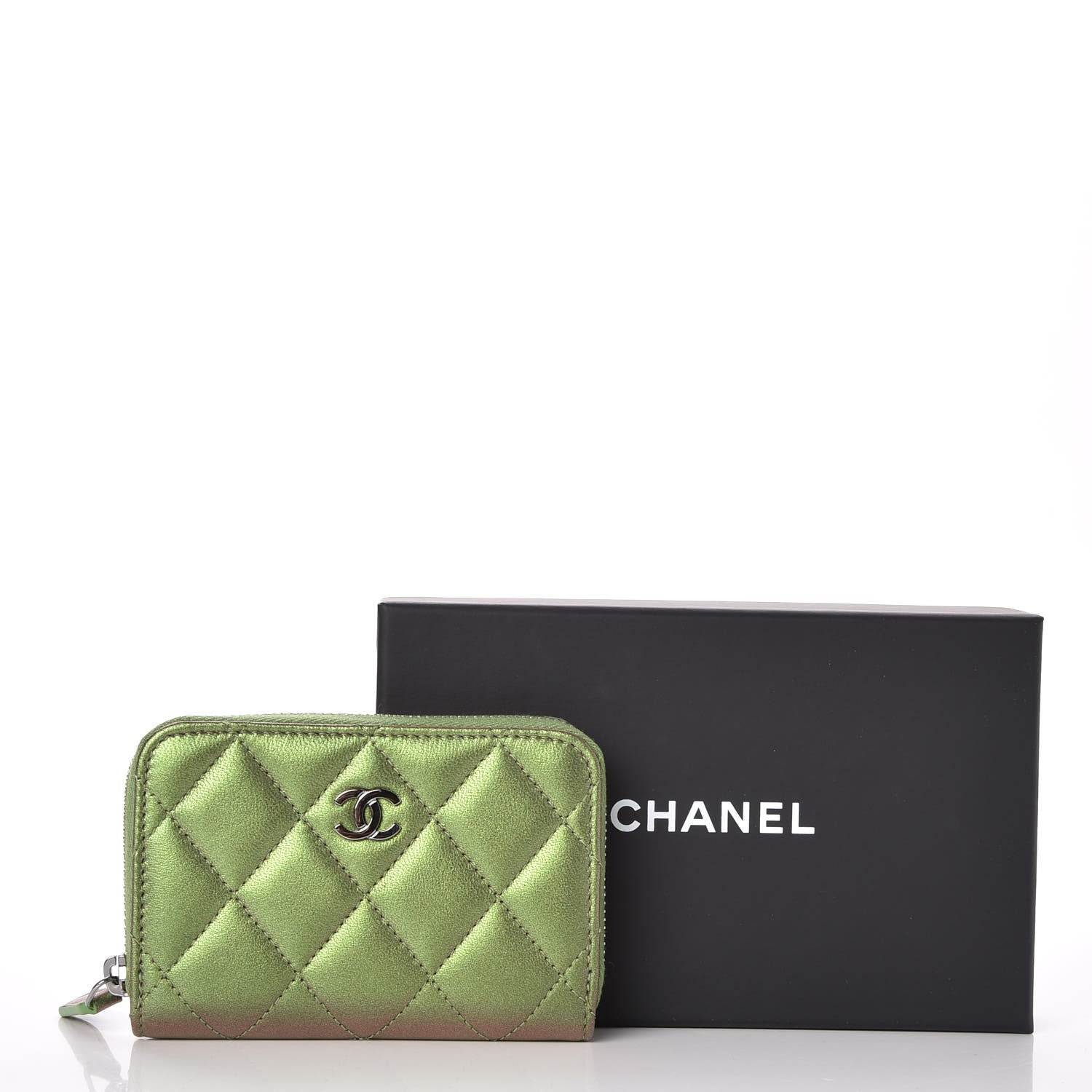 Chanel Metallic Lambskin Quilted Zip Around Coin Purse Wallet Green 8 of 8