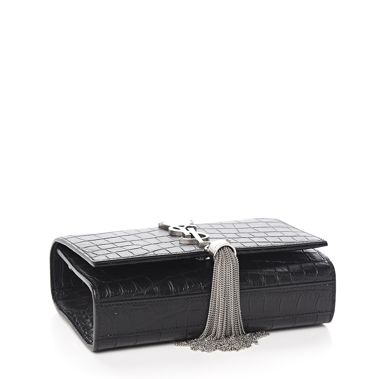 Saint Laurent Calfskin Crocodile Embossed Small Classic Monogram Kate Tassel Satchel Black 3 of 8