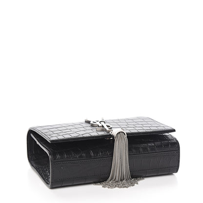 Saint Laurent Calfskin Crocodile Embossed Small Classic Monogram Kate Tassel Satchel Black 3 of 8