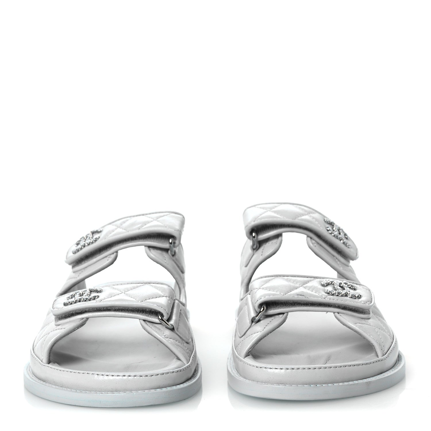 Chanel Laminated Lambskin Quilted Velcro Dad Chain CC Slide Sandals 37.5 Light Blue 3 of 10