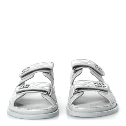 Chanel Laminated Lambskin Quilted Velcro Dad Chain CC Slide Sandals 37.5 Light Blue 3 of 10