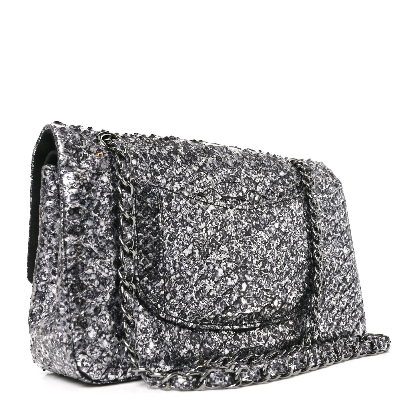 Metallic Snakeskin Medium Double Flap Black Silver