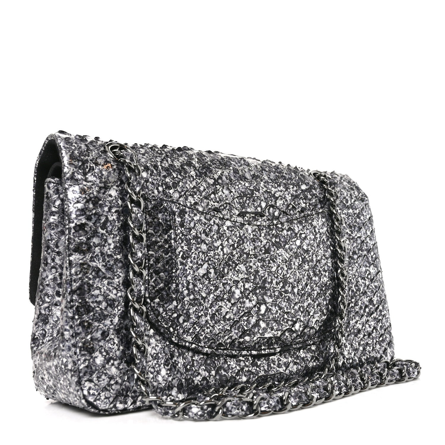 Chanel Metallic Snakeskin Medium Double Flap Black Silver 3 of 11