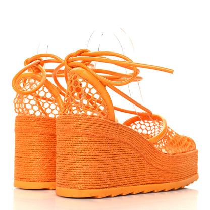 Bottega Veneta Mesh Lambskin Sporty Web Stretch Ankle Tie Espadrilles 38 Tangerine 5 of 9