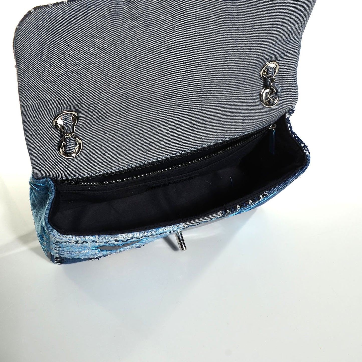 Denim Tweed Patchwork Medium Single Flap Blue