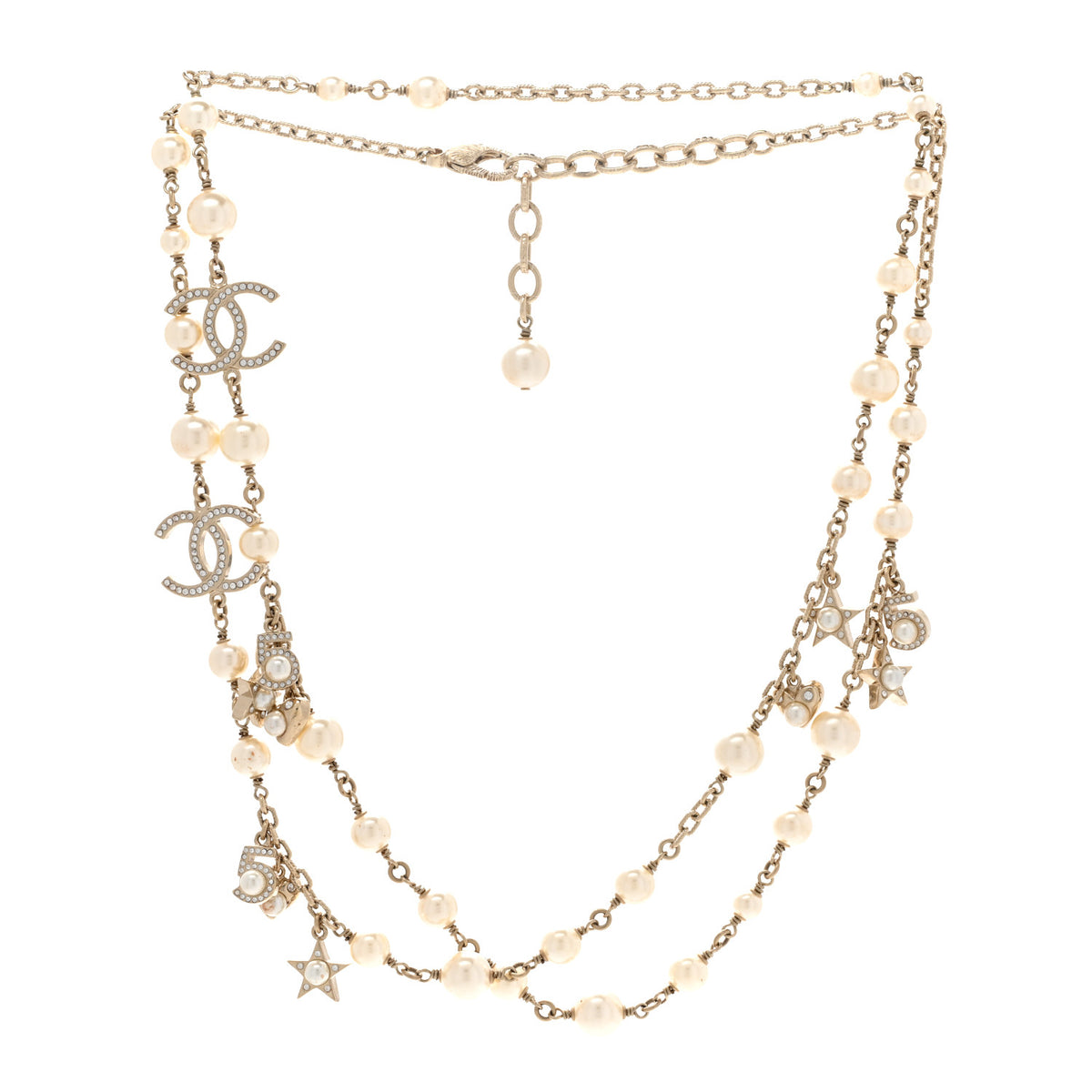 Crystal Pearl CC Long Necklace Silver