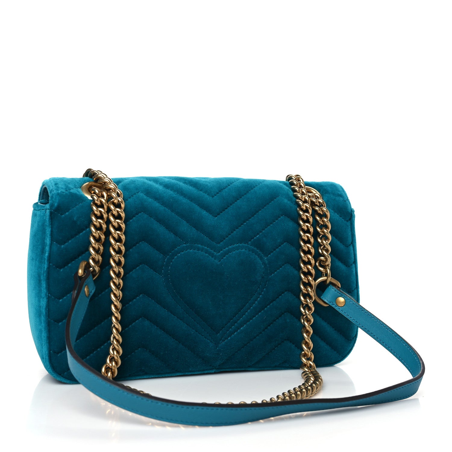 Gucci Velvet Matelasse Small GG Marmont Shoulder Bag Pavone Cyan 3 of 10