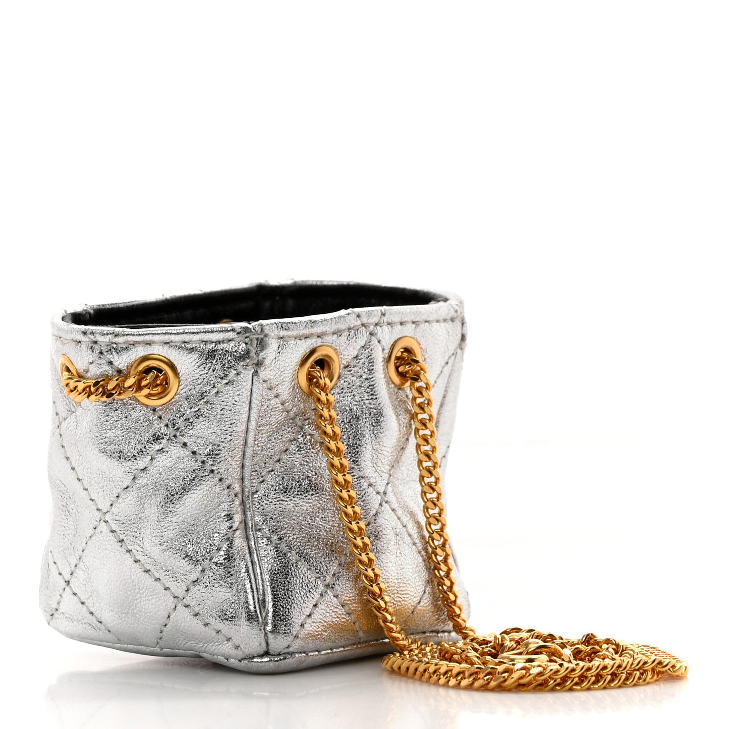 Metallic Lambskin Quilted Micro Drawstring Pouch Silver