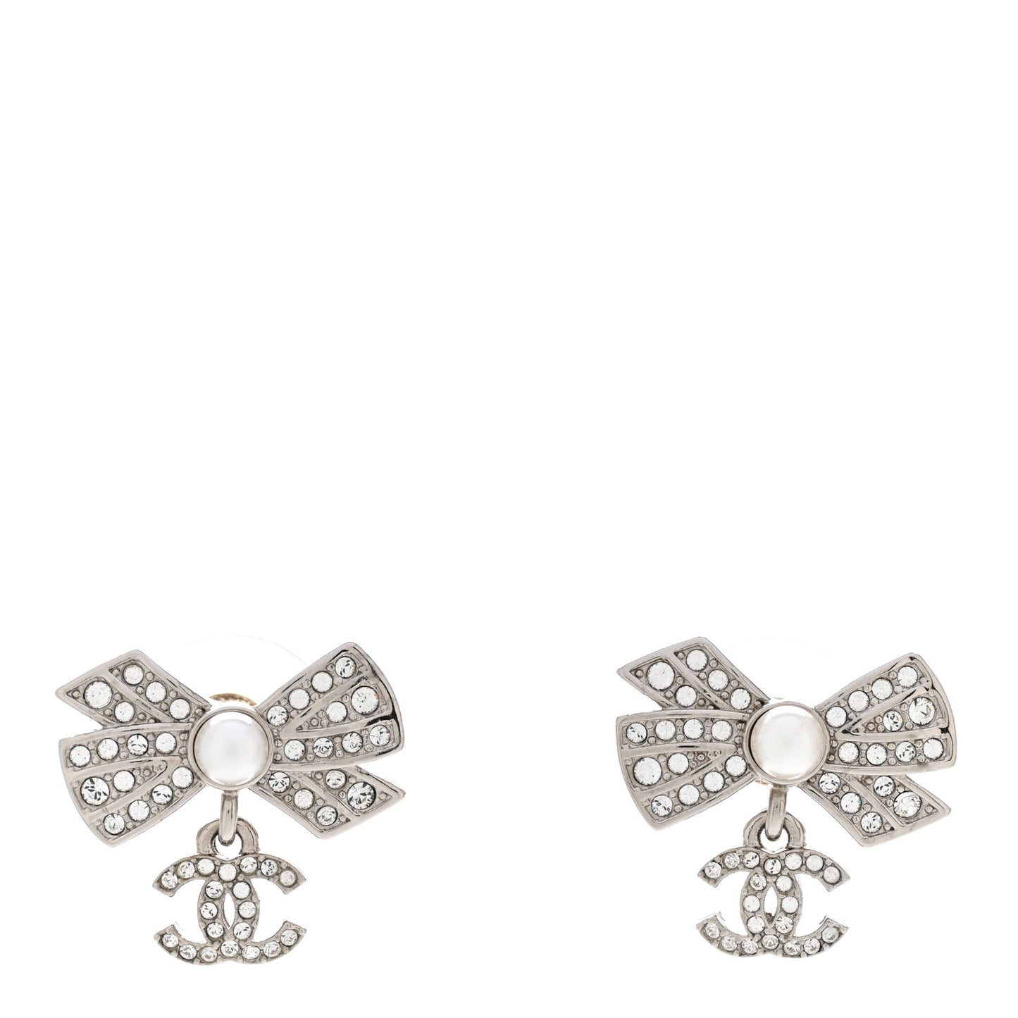 Crystal Pearl Bow CC Drop Earrings Silver