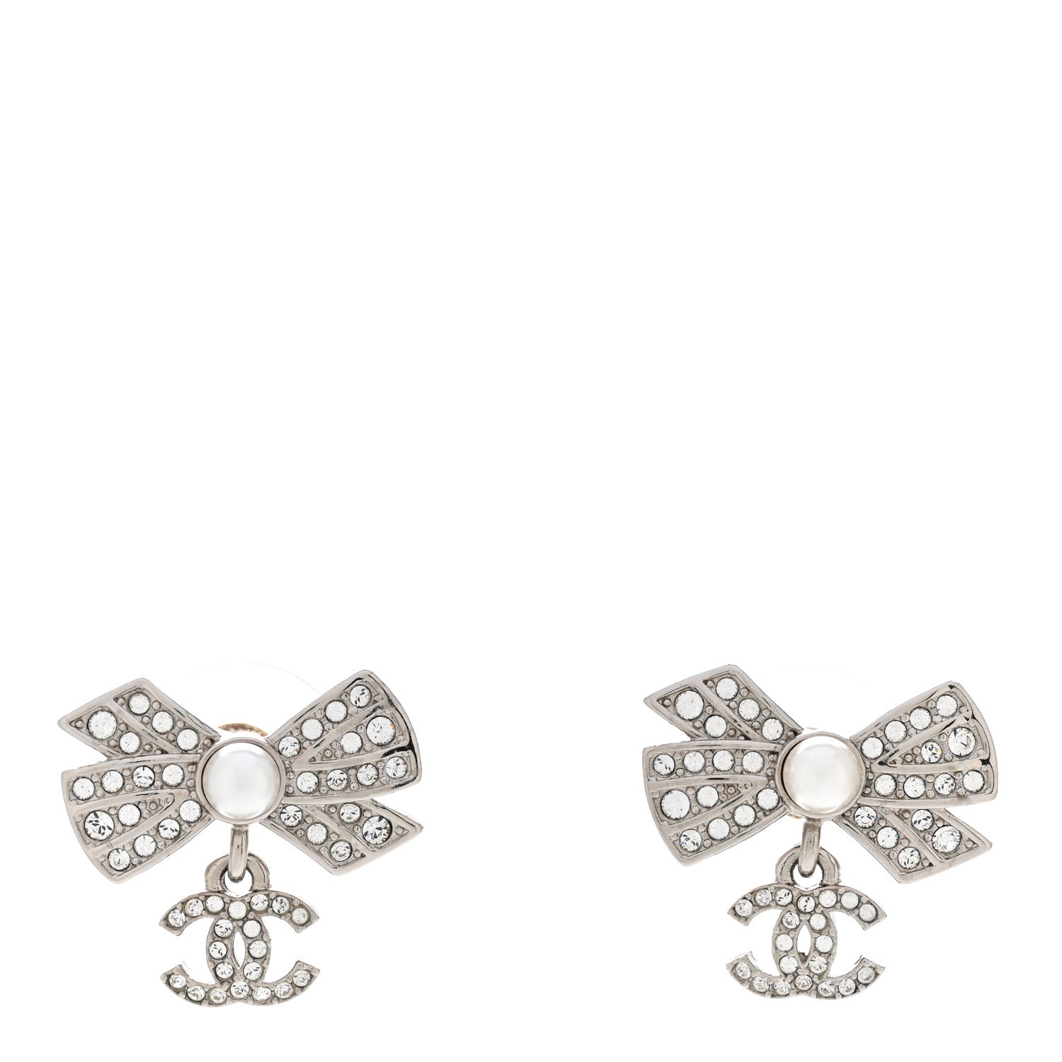 Chanel Crystal Pearl Bow CC Drop Earrings Silver 1 of 4