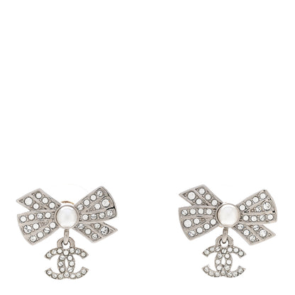 Chanel Crystal Pearl Bow CC Drop Earrings Silver 1 of 4