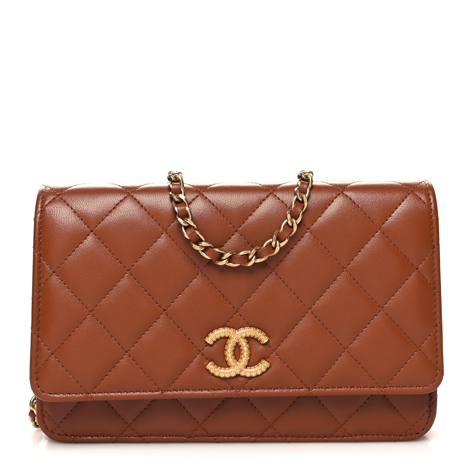 Chanel Lambskin Quilted Studded CC Wallet On Chain WOC Light Brown 1 of 12