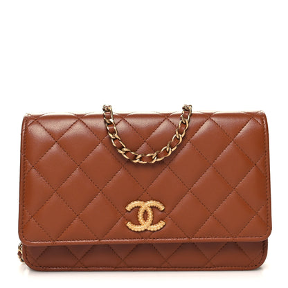 Chanel Lambskin Quilted Studded CC Wallet On Chain WOC Light Brown 1 of 12