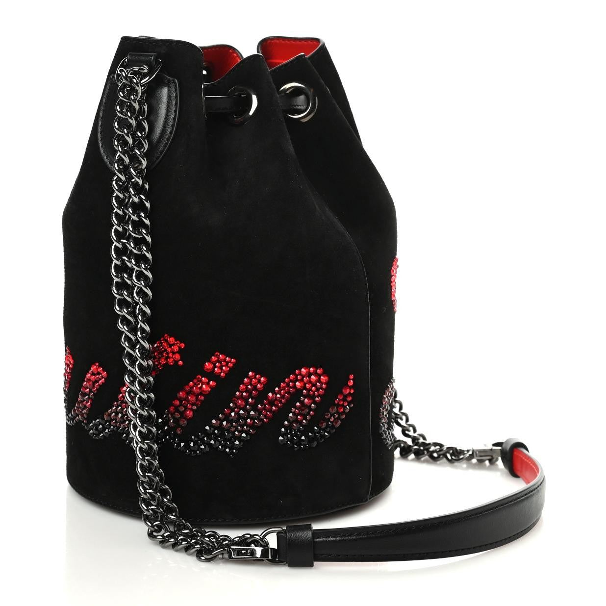 Christian Louboutin Suede Crystal Marie Jane Bucket Black Red 3 of 9