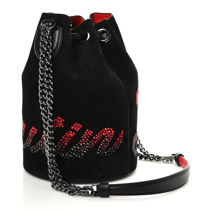 Christian Louboutin Suede Crystal Marie Jane Bucket Black Red 3 of 9