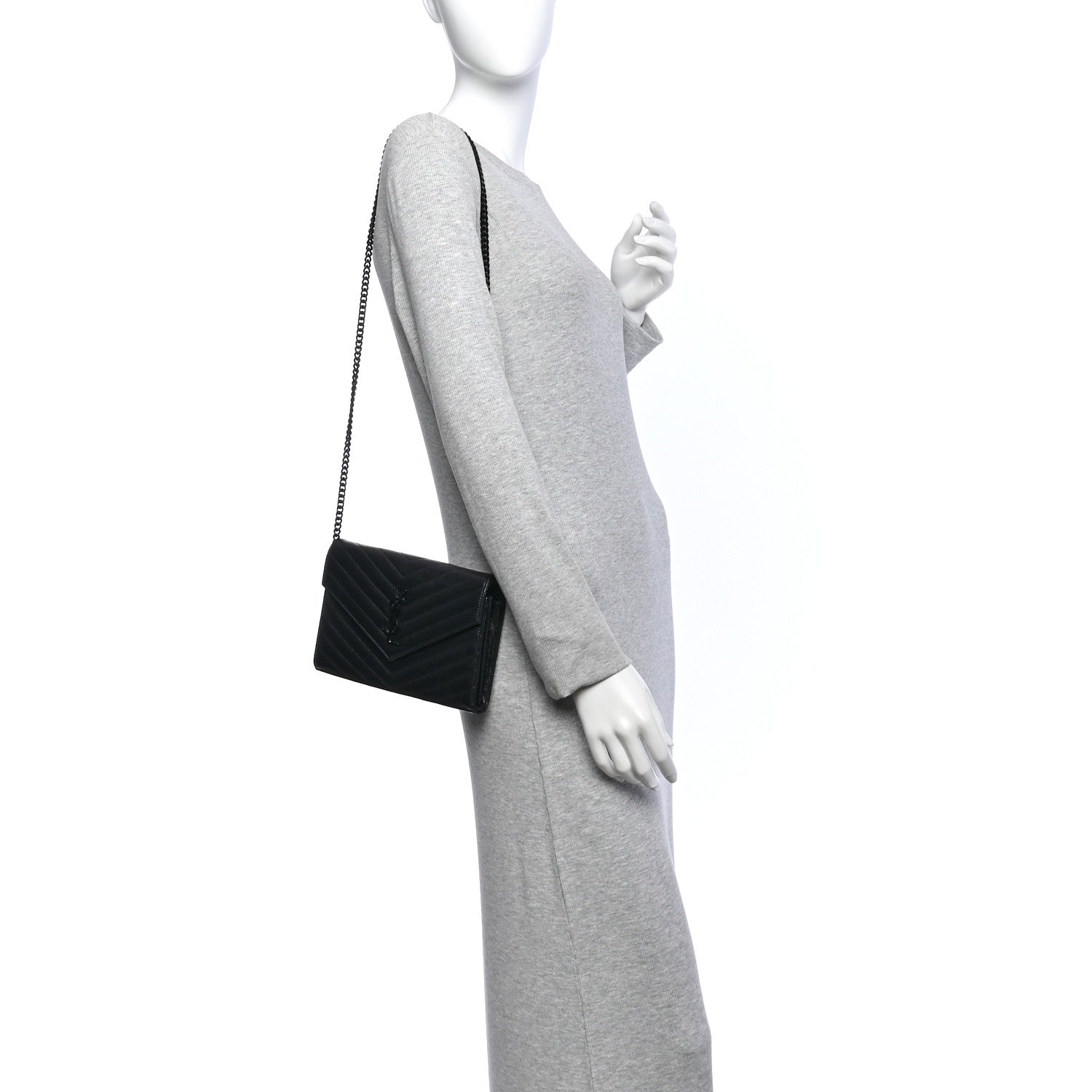 Saint Laurent Grain De Poudre Matelasse Chevron Monogram Monochrome Envelope Chain Wallet Black 2 of 14