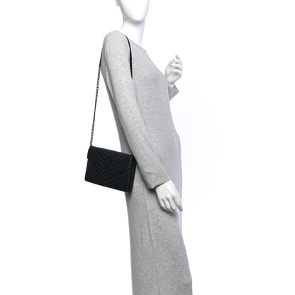 Saint Laurent Grain De Poudre Matelasse Chevron Monogram Monochrome Envelope Chain Wallet Black 2 of 14