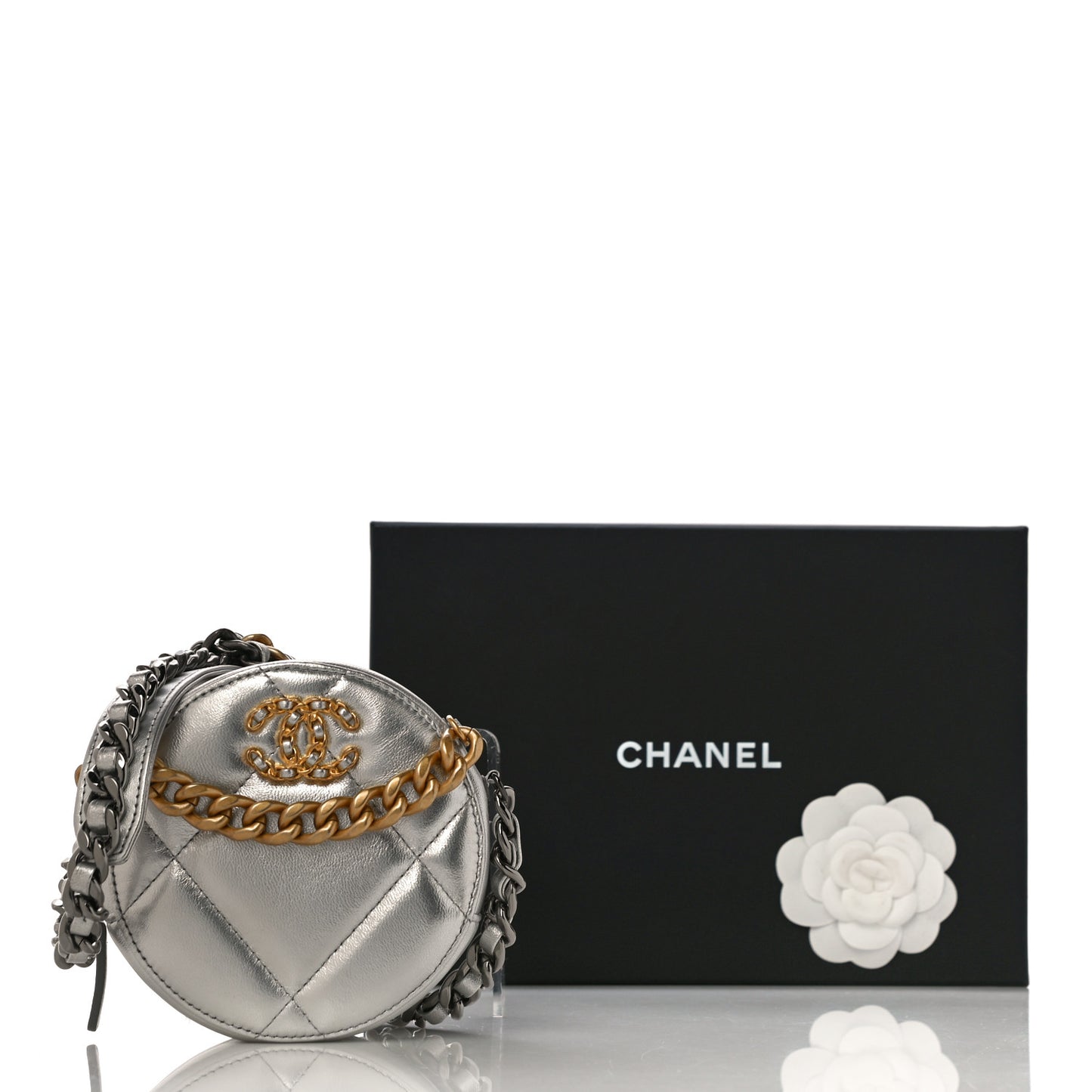 Metallic Lambskin Quilted Chanel 19 Round Clutch With Chain Silver