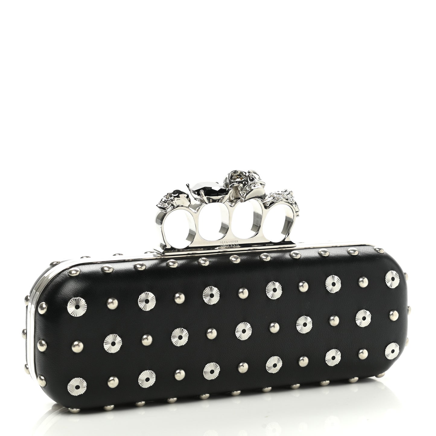 Nappa Studded Skull Knuckle Box Clutch Black