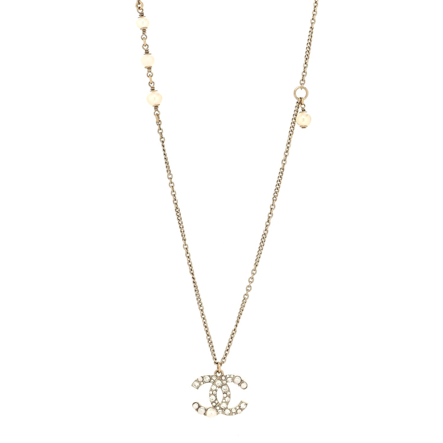 Pearl Crystal CC Drop Necklace Gold