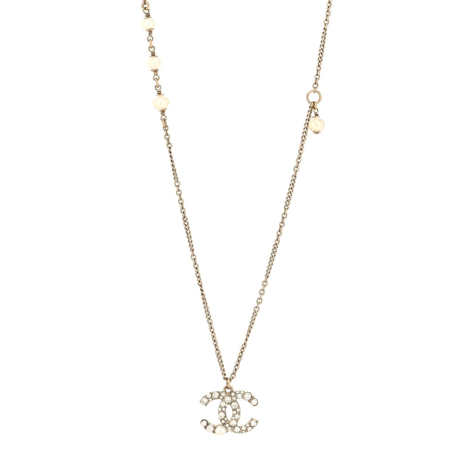 Chanel Pearl Crystal CC Drop Necklace Gold 1 of 5