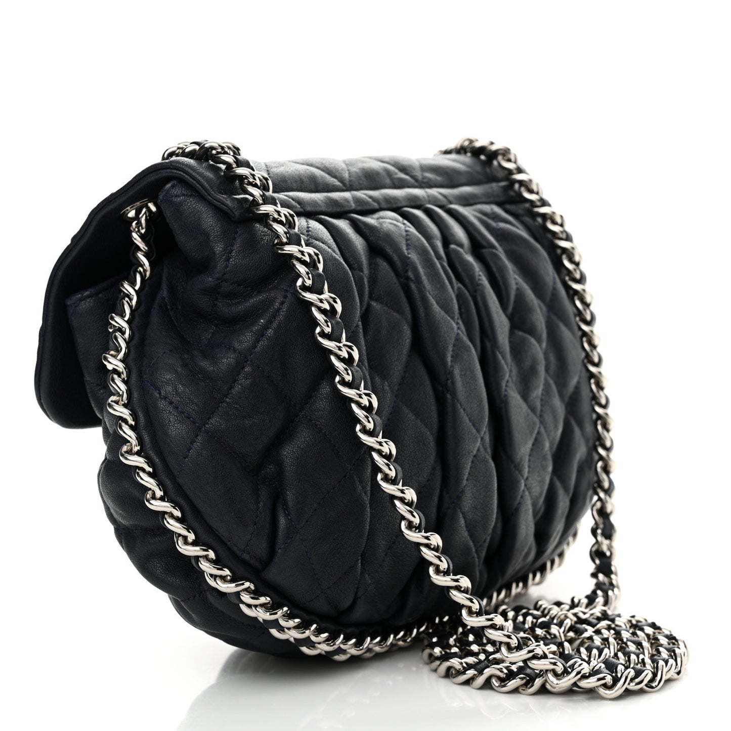 Washed Lambskin Quilted Medium Chain Around Messenger Navy Blue